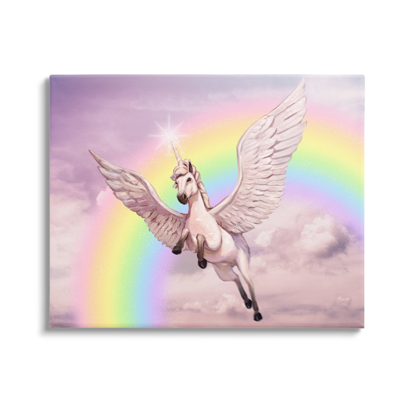 Licorne volant des nuages duveteux arc-en-ciel rose par Ziwei Li - impression, H 30 po x l 40 po, Toile tendue