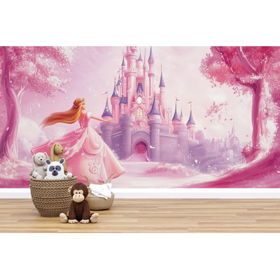 Papier peint rose princesse château - Enchantement mural féérique avec princesse en robe rose, parfait pour la chambre d'enfant, la salle de jeux ou la chambre de bébé