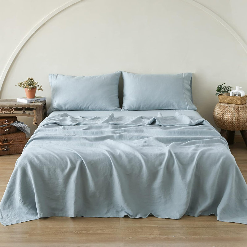 Ensemble de taie d'oreiller 100% lin français avec 2 taies d'oreiller de couleur unie délavées, Bleu cendré