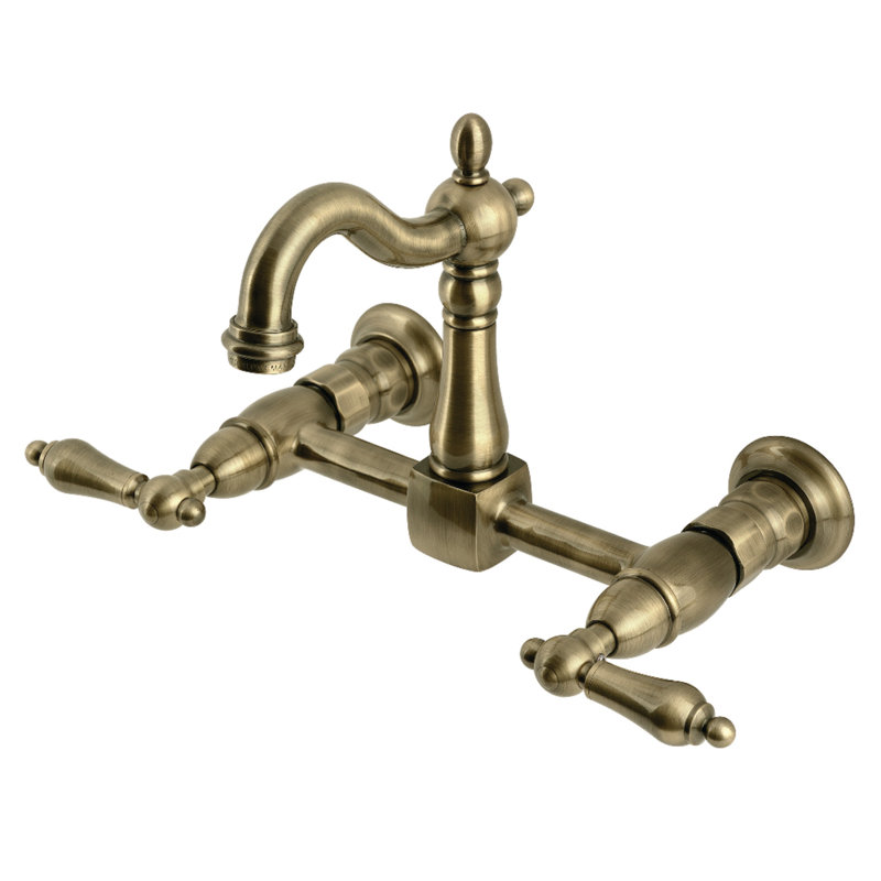 Kingston Brass Heritage Double-Handle 2-Hole Wall-Mount Bridge Kitchen Faucet, Antique Brass