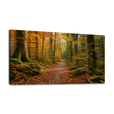 Toile, art mural forêt d'automne, feuilles tombées, arbres dorés, décoration murale pour salon, salle de bain, bureau de chambre à coucher, H 24 po x l 48 po, prêt à être suspendu