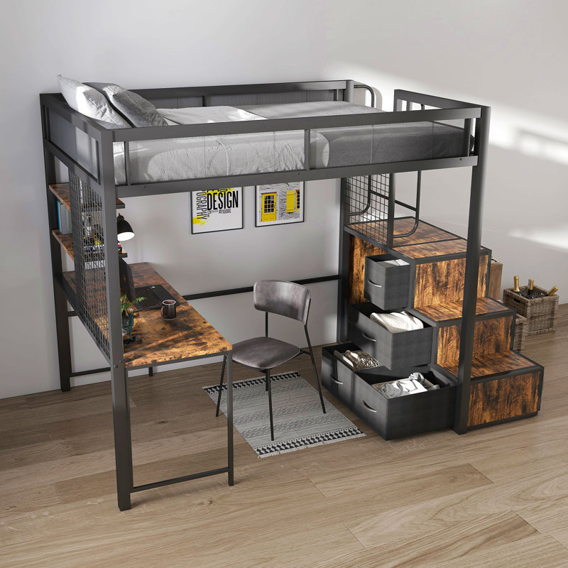 Lit mezzanine double avec bureau et charge USB - structure en métal lourd, 4 tiroirs cachés, escalier et support de rangement