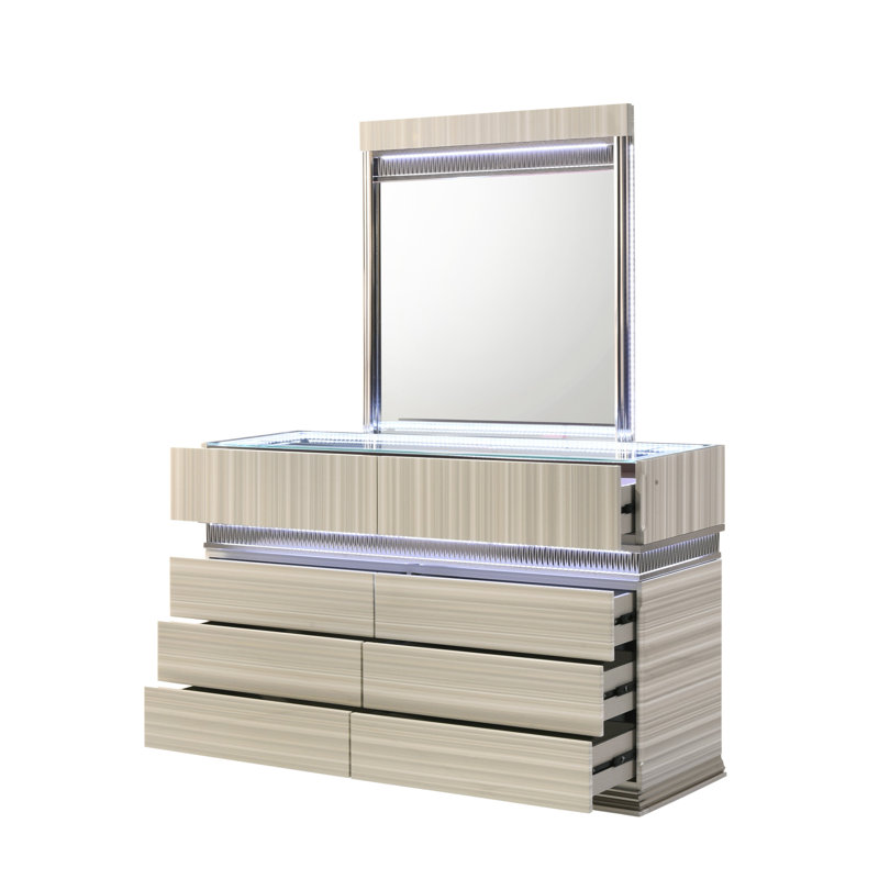 Miroir de style moderne Leonor avec DEL en gris avec détails linéaires épurés