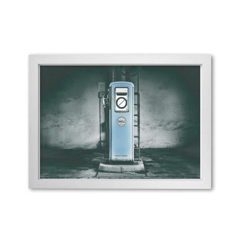 Little Blue Gas Pump - Print, 30 cm H x 21 cm W x 5 cm D, White Grain Frame