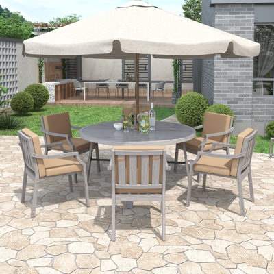  Ensemble repas en bois pour 6 personnes avec trou pour parasol et coussins amovibles pour patio ou jardin, gris antique
