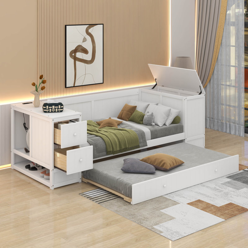 Lit de jour simple avec accoudoirs de rangement, lit gigogne et station de charge Leata, Blanc
