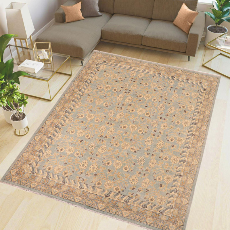 Tapis vert / bleu en laine noué à la main 7 pi 11 po x 9 pi 9 po Abbigail Southwestern