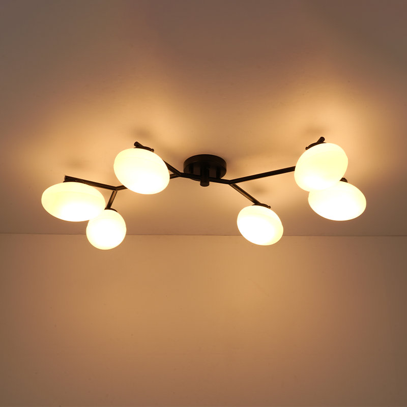 6 - Light Elliptical Opal Glass Globe Linear Semi Flush Mount, Matte Black