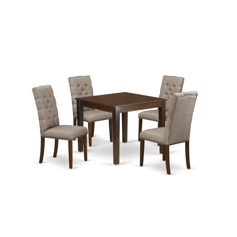 5 Piece Dining Room Table Set Includes a Square Kitchen Table and 4 Dark Khaki Linen Fabric Parson Dining Chairs, Mahogany