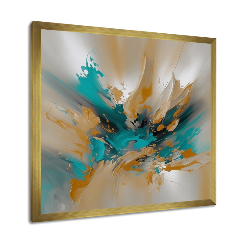 Encre de Noël jaune et turquoise Hinth - reproduction sur toile, H 16 po x l 16 po x P 1 po, Cadre flottant doré