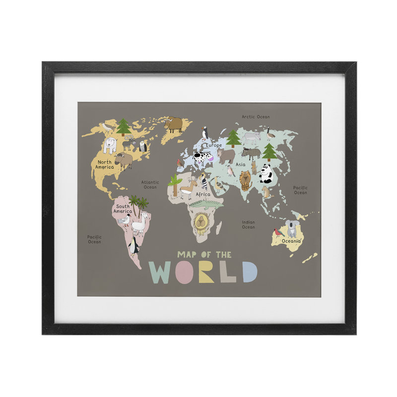 «Kid's Map Of World», reproduction encadrée sous verre, par Carla Daly, H 13 po x l 16 po, Cadre noir minuit