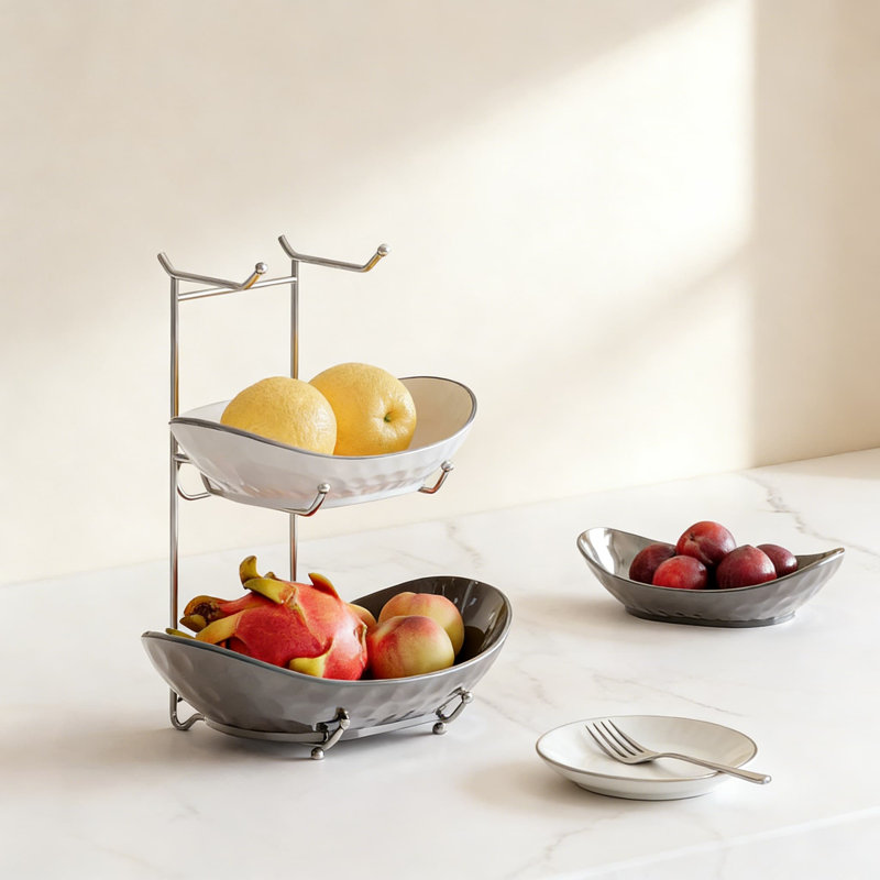 3-Tier Ceramic Fruit Basket With Metal Stand - Elegant Serving Bowl For Fruits, Vegetables, Snacks, Desserts, And Party Display - Sturdy Porcelain Kitchen Storage And Decorative Tray