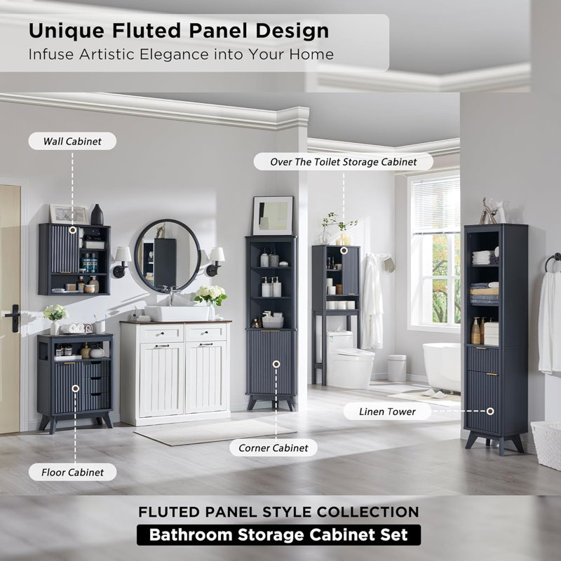 Freestanding Tall Corner Cabinet, Corner Bathroom Storage Cabinet Adjustable Shelf, Display Cabinet, Dark Gray