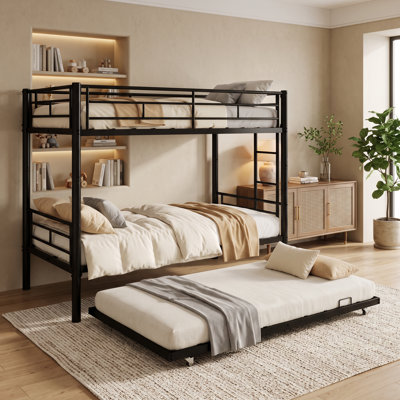 Metal Twin Over Twin Bunk Bed With Trundle, Industrial Black Bunk Bed Frame With Guardrails & Ladder, No Box Spring Needed, Heavy Duty Bunk Bed For Kids Bedroom, Guest Room, Dorm