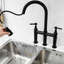 Robinet de cuisine pont avec rétractable, finition noire, 3 trous 2 poignées, acier inoxydable, remplissage en céramique, poignée de trou d'évier moderne, conception de style classique-2109568429
