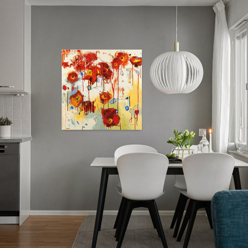 Art contemporain abstrait rouge coquelicot, H 32 po x l 32 po