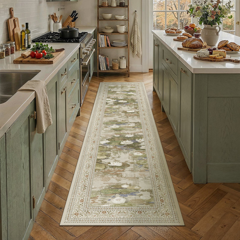 Aura Waterlily Art Machine Washable Area Rug, Beige, Runner 2' x 8'
