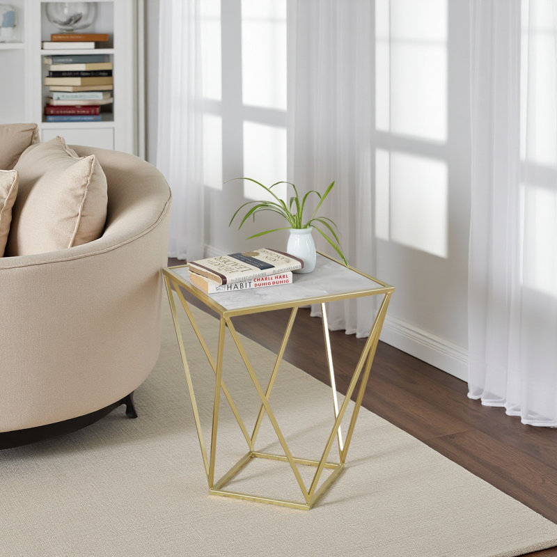 TABLE D'APPOINT CRÉATIF SIMPLE EN VERRE, DORÉ ET BLANC
