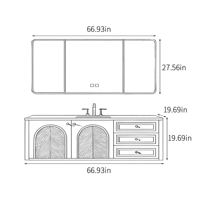Retro French style bathroom cabinet, White, 19.69" H x 66.93" W x 19.69" D