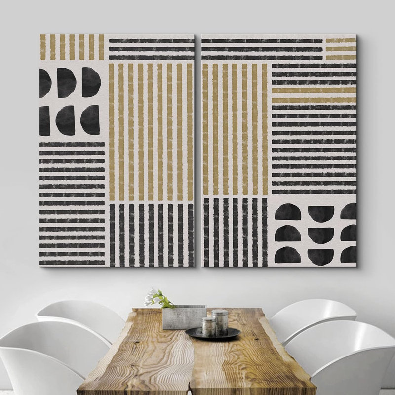 Motif géométrique noir et jaune et demi-cercles de formes abstraites modernes sur toile, 2 pièces, Toile tendue