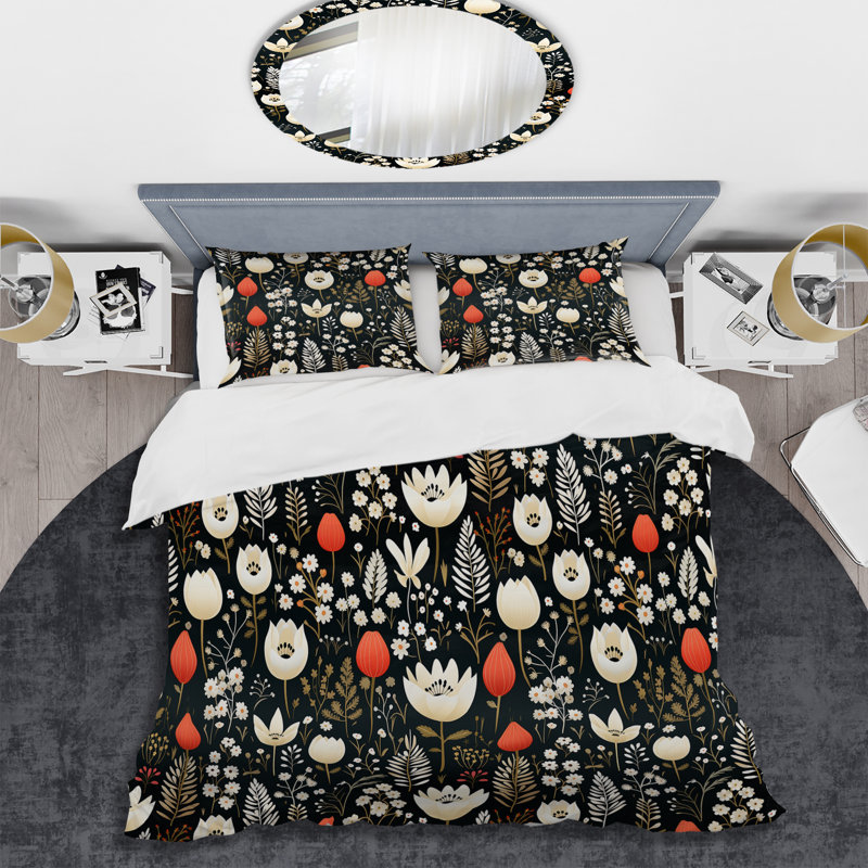 Cottage Elegant Black Plants Meadows III - Ensemble de housse de couette à motif floral