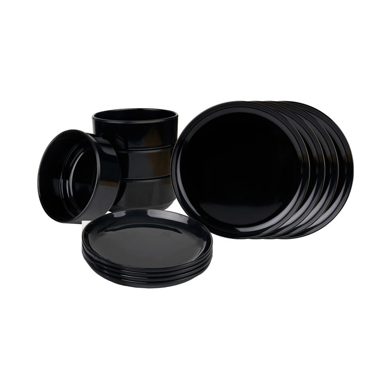 Stacking Melamine 12 Piece Dinnerware Set, Service For 4, Black