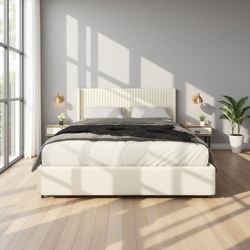 Lit plateforme tapissier à deux tiroirs avec grand lit et rangement à 2 tiroirs en velours ivoire, tête de lit de conception moderne avec canal serré, support de matelas à lattes en bois sans sommier