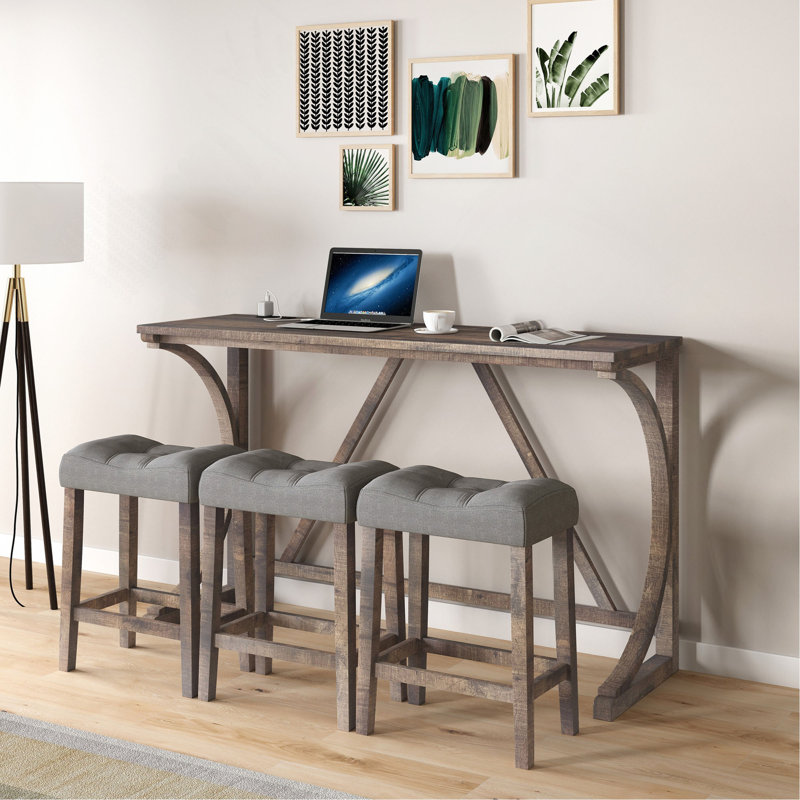Ensemble de table de bar avec prise de courant, ensemble de table de bar et de chaises, ensemble de table de salle à manger 4 pièces, ensemble de table de petit déjeuner industriel, pour salon, salle à manger, salle de jeux