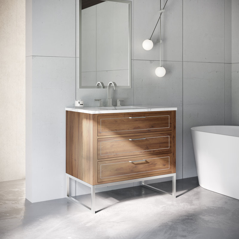 Markham 36'' W Single Vanity, Walnut, Carrara Marble, Brushed Nickel