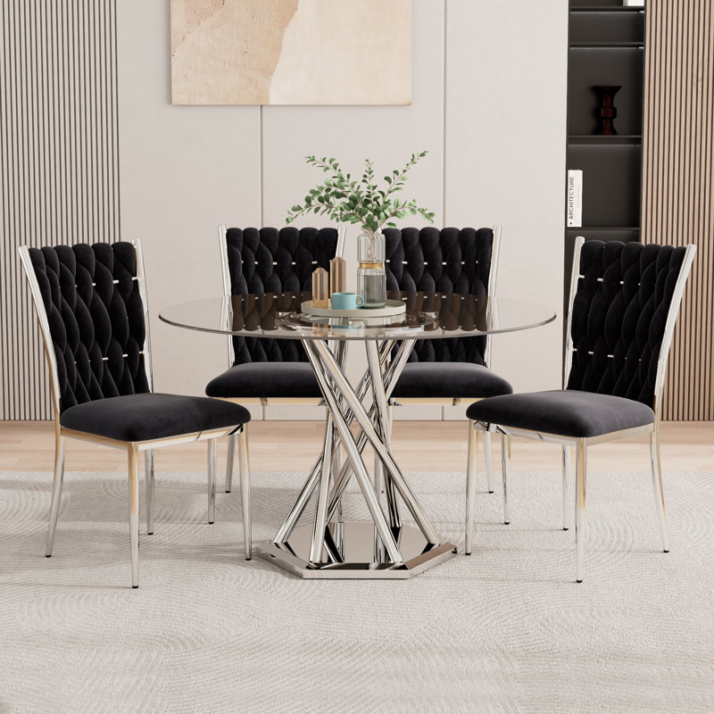 47.2" Round Glass Dining Table set for 4, 5-Pieces Round Dining Table Set, Clear Glass Dining Table set with 4 Velvet Upholstered Chairs, for Kitchen, Dining Room, Apartment