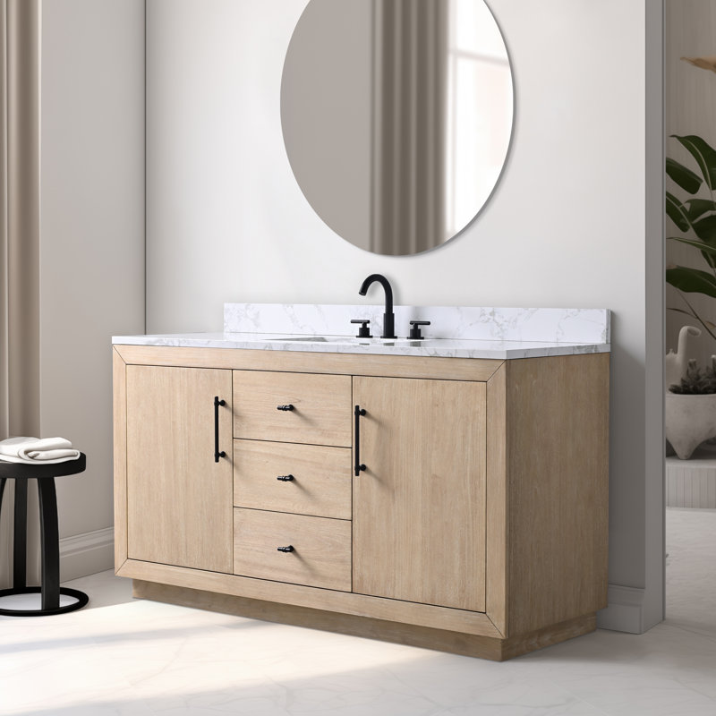 Avignon 60" Single Sink Freestanding Bathroom Vanity with Engineered Marble Top, Arabescato White, Light Wheat, 60"