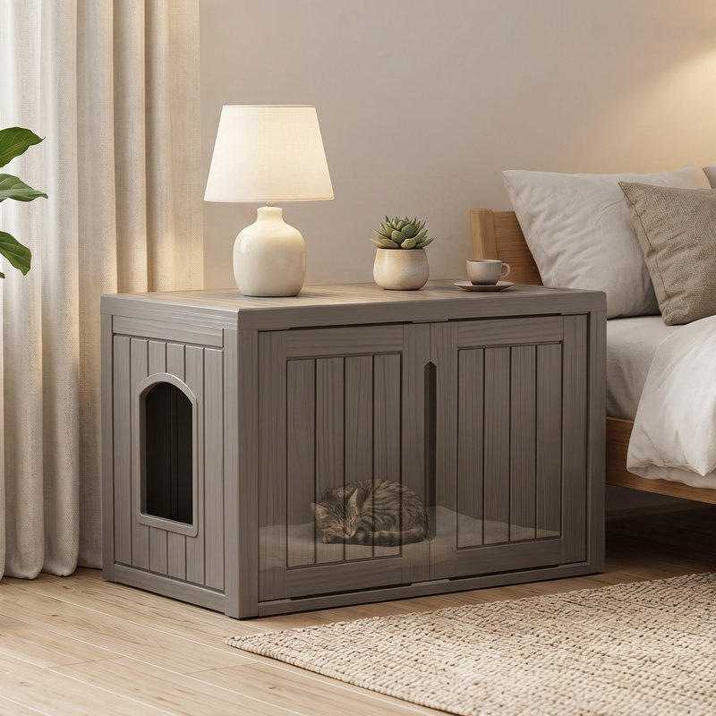 Lit pour chat trois-en-un Emperic Design, armoire de rangement pour animaux, litière pour chat avec séparateurs amovibles (gris)