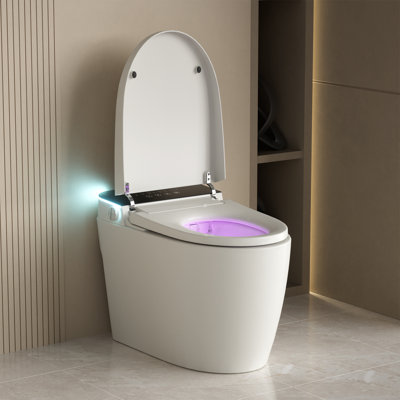 Toilette moderne allongée une pièce avec bidet intégré, double chasse automatique, siège chauffant à plusieurs niveaux et séchoir à air chaud - conception sans réservoir