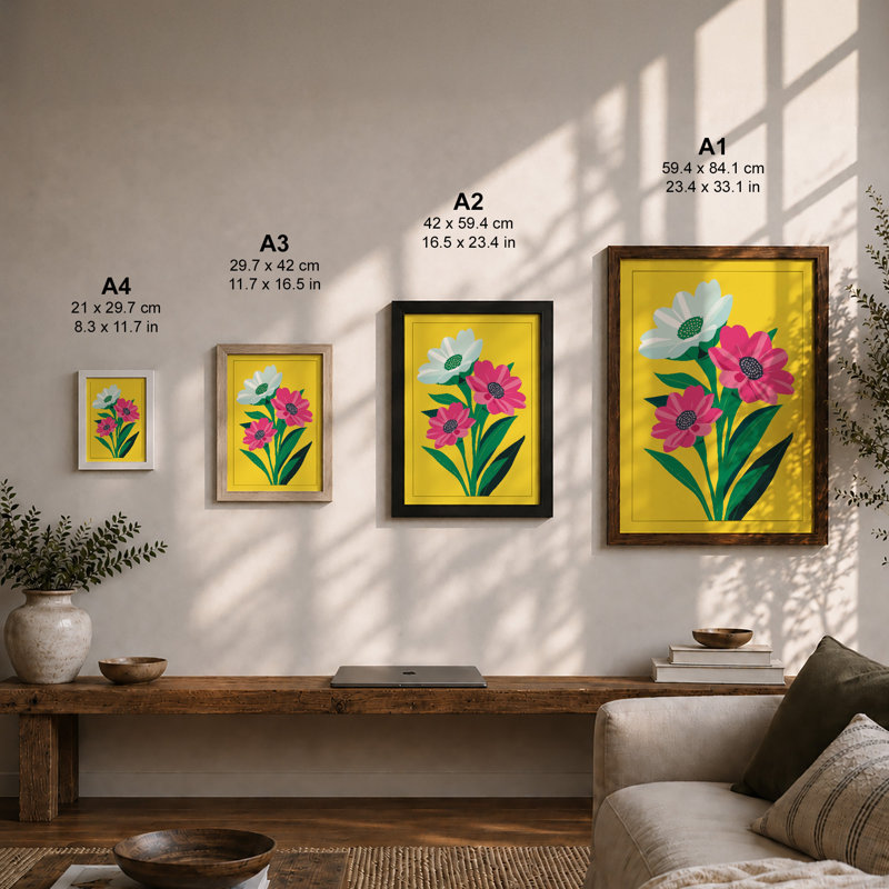 Three Blooms Botanical - Framed Print, A2 - 59.4 x 42.0 cm, Black