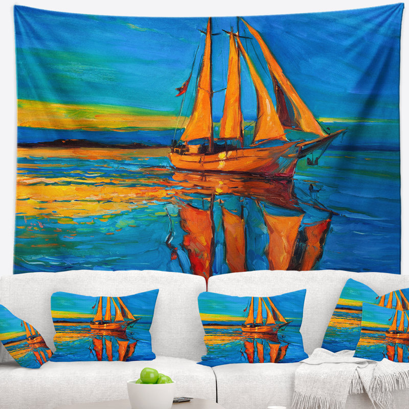 Seascape brown tapisserie de bateau à voile, H 32 po x l 39 po