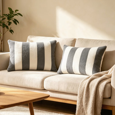 2 Pack 12x20 Inch Striped Outdoor Lumbar Throw Pillows with Inserts, Water Repellent Fade Resistant Zipper Decorative Cushions, Grey White Stripe Pillows for Patio, Porch, Balcony & Indoor Sofa Decor