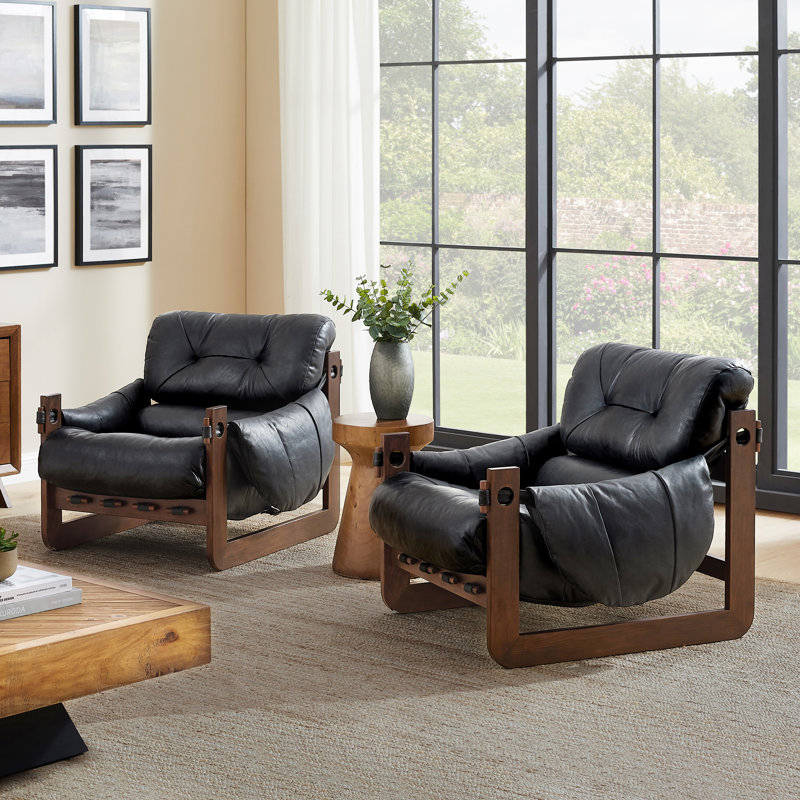 Esmiralda 35.83'' W Full-grain Genuine Leather Accent Lounge Armchair with Ash Wood Frame, Black
