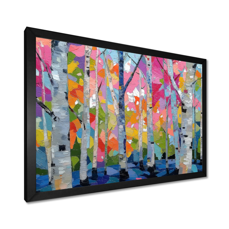 «Pink Orange Vibrant Birch Forest», impression d'art sur toile rose nature, H 16 po x l 32 po, Cadre photo unique, Noir