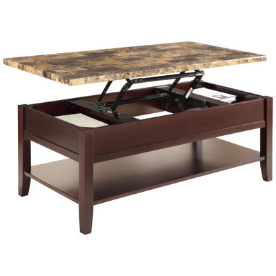 Table basse en faux marbre avec finition cerisier foncé et tablette de rangement relevable pour les meubles de salon