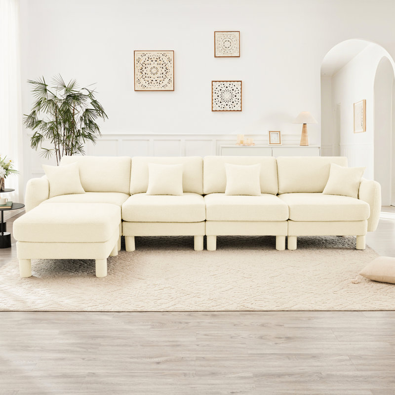 Ensemble de 4 canapés modulaires en forme de L convertible, de pieds en forme de coquillage, amovibles et auto-enveloppés, de couleur beige pour un look élégant et confortable