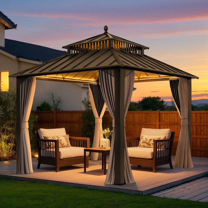 SUNJOY Kingston 10x10 Gazebo with Metal Roof , Curtain, and Netting - Brown Aluminum Posts, Brown, Brown