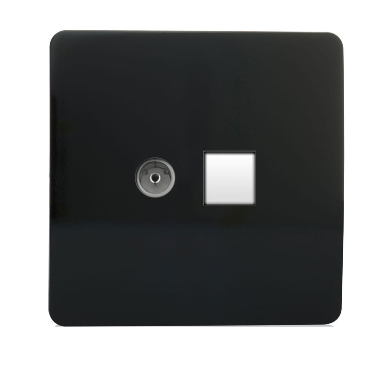 Trendi Switch 2 Gang Female TV Co-Axial & RJ45 Cat 5e PC Ethernet Sockets, Black