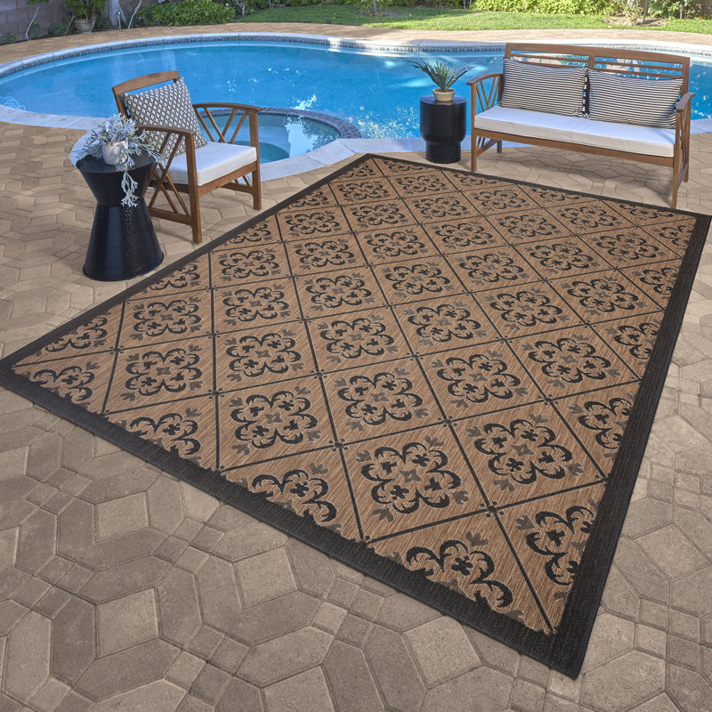 Paseo Gleneva Floral Checker Havana Brown Black Polypropylene Flatweave Indoor/ Outdoor Area Rug, Rectangle 8'9" x 13'1"