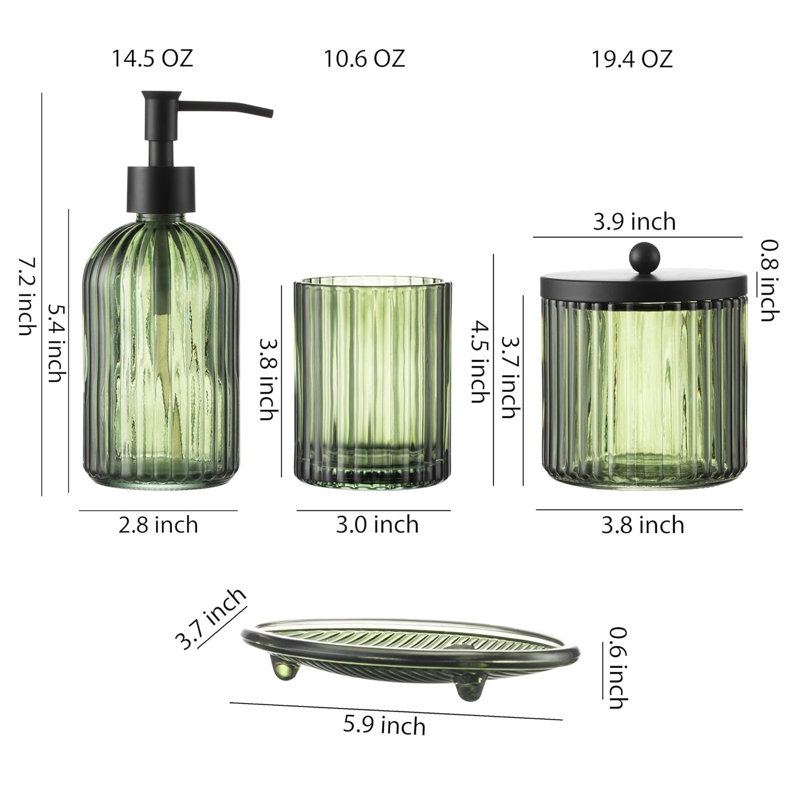 Ensemble de 4 accessoires de salle de bain en verre épais à motifs pressés, décor de comptoir de salle de bain, Vert