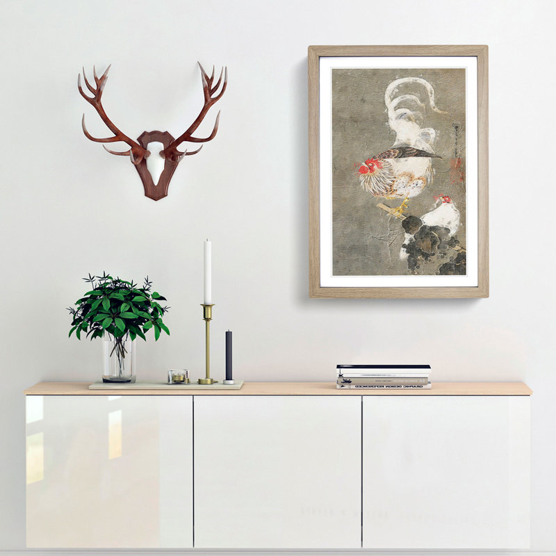 Hen & Rooster by Ito Jakuchu - Picture Frame Painting Print, 48cm H x 36cm W x 2cm D, Oak Framed