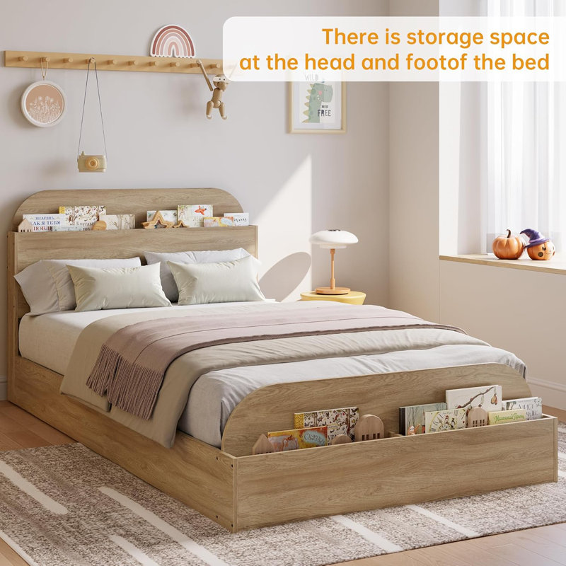 Twin Wood Platform Bed with Storage Headboard & Footboard, Natural Wood, Beige, Twin