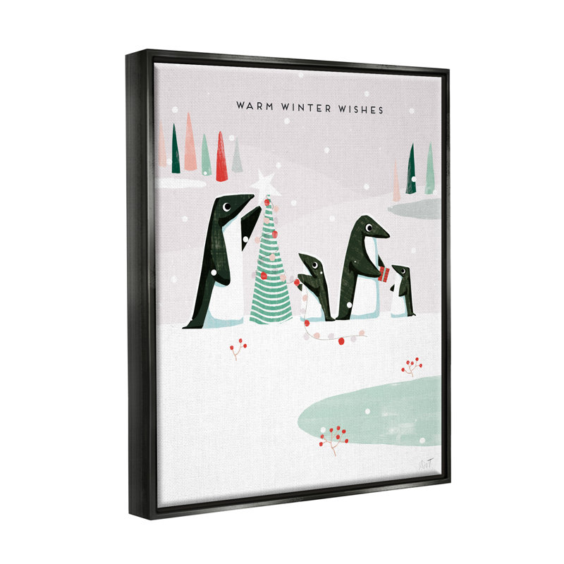 «Warm Winter Wishes Snowy Penguins» par Andrew Thornton, Cadre flottant noir de jais, H 21 po x l 17 po x P 1,7 po