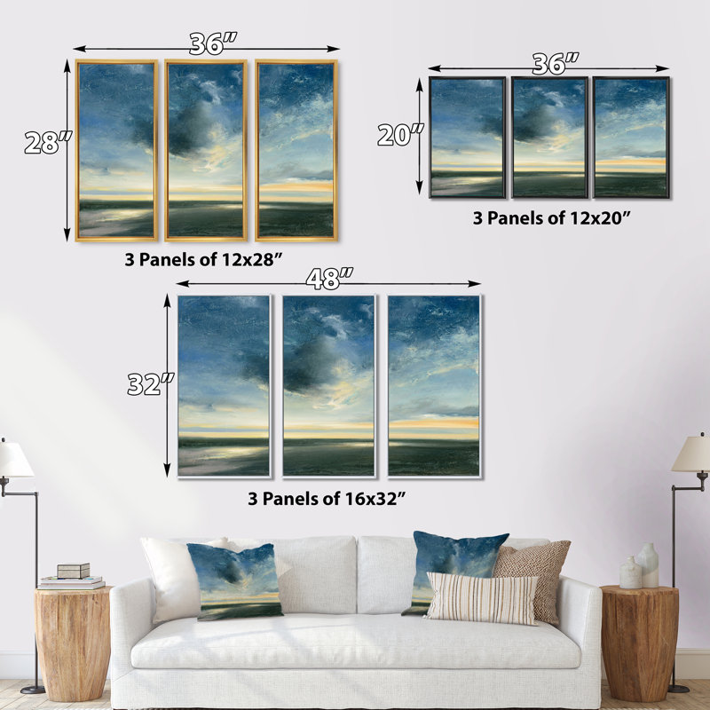 «Blue Coastal Sunrise», ensemble d'art mural sur toile encadré traditionnel de 3, H 28 po x l 36 po x P 1 po, Noir