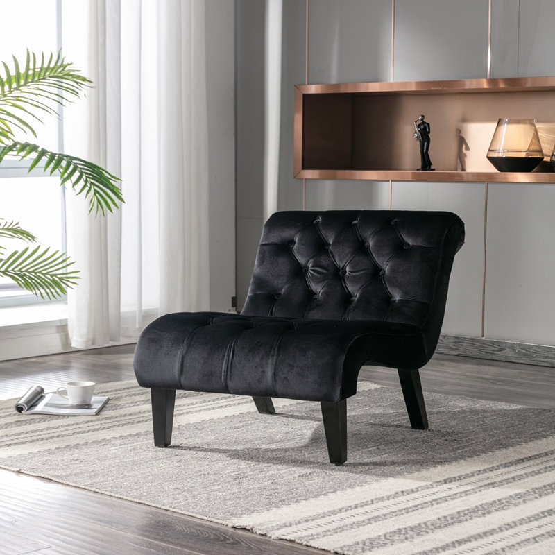 Chaise rembourrée en tissu avec boutons et pieds en bois, Noir