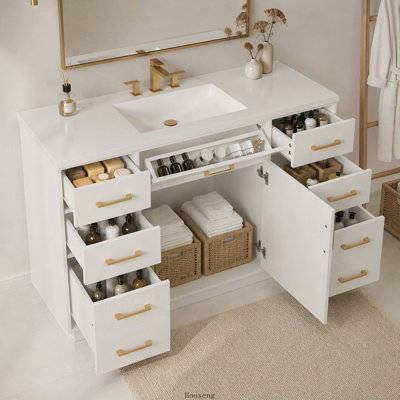 48" Freestanding Bathroom Vanity with Sink Top, MDF Cabinet with 7 Drawers & 1 Door, Composite Basin, Soft‑Close Hinges, Gold Metal Handles, White
